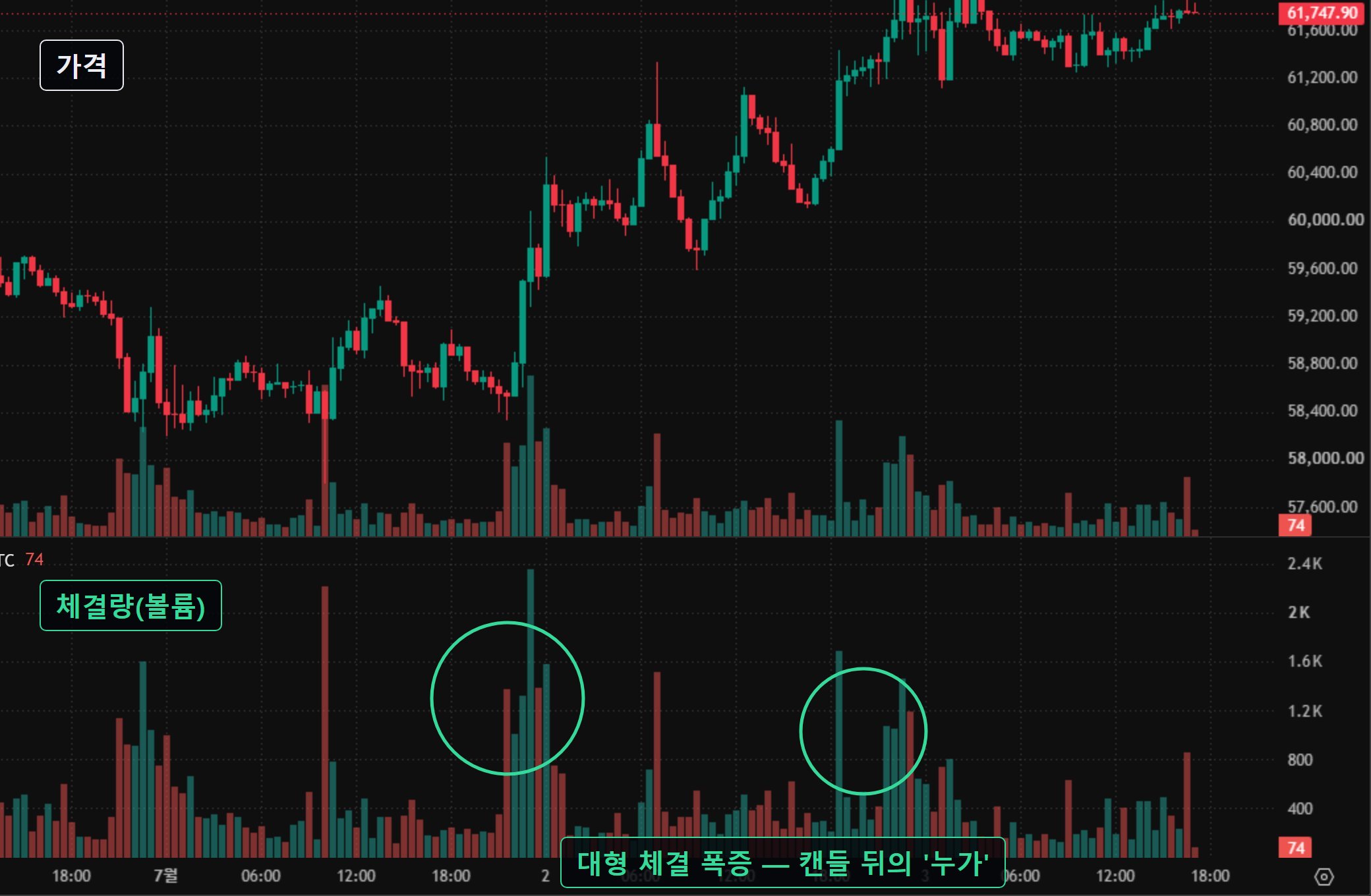 BTC 30분봉 — 대형 체결이 폭증했는데 가격 반응이 제한된 구간. 흡수 판정은 이런 자리에서 델타·호가 벽과 교차 확인한다